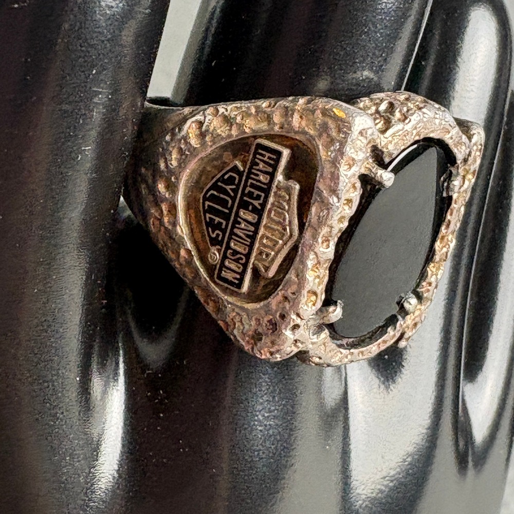 Harley-Davidson Sterling Silver Black Onyx Biker Ring Size 9.75 Hammered Texture